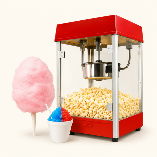 Red popcorn machine with cotton candy and a snow cone