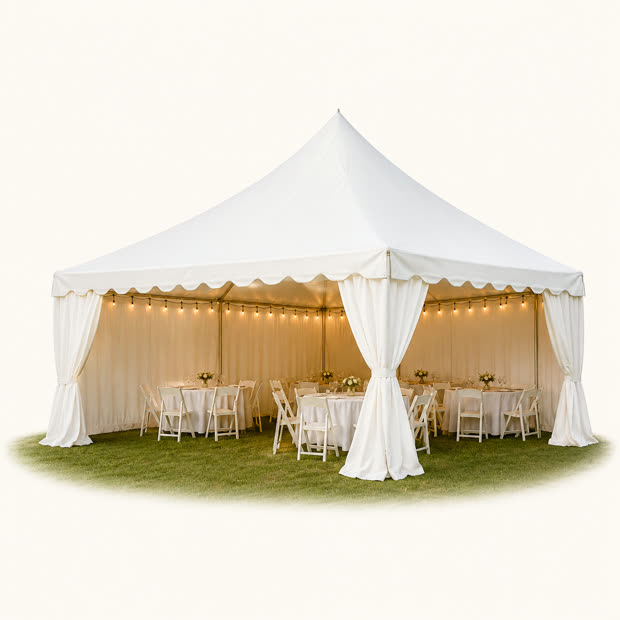 White event tent with tables, chairs and warm string lights