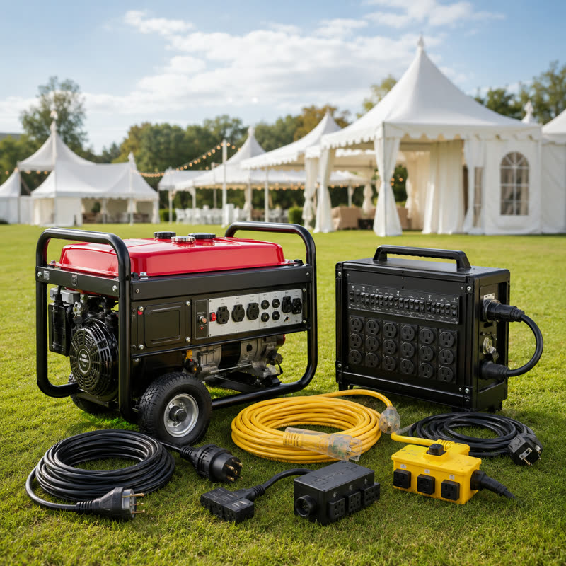 Generator and power kit: portable generator, distribution box, cords and outlet strips on grass