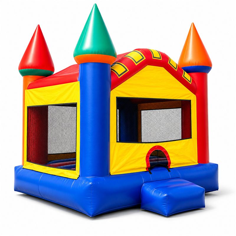 Bright classic castle bounce house with pop-up turrets, set up for a birthday in King of Prussia, PA