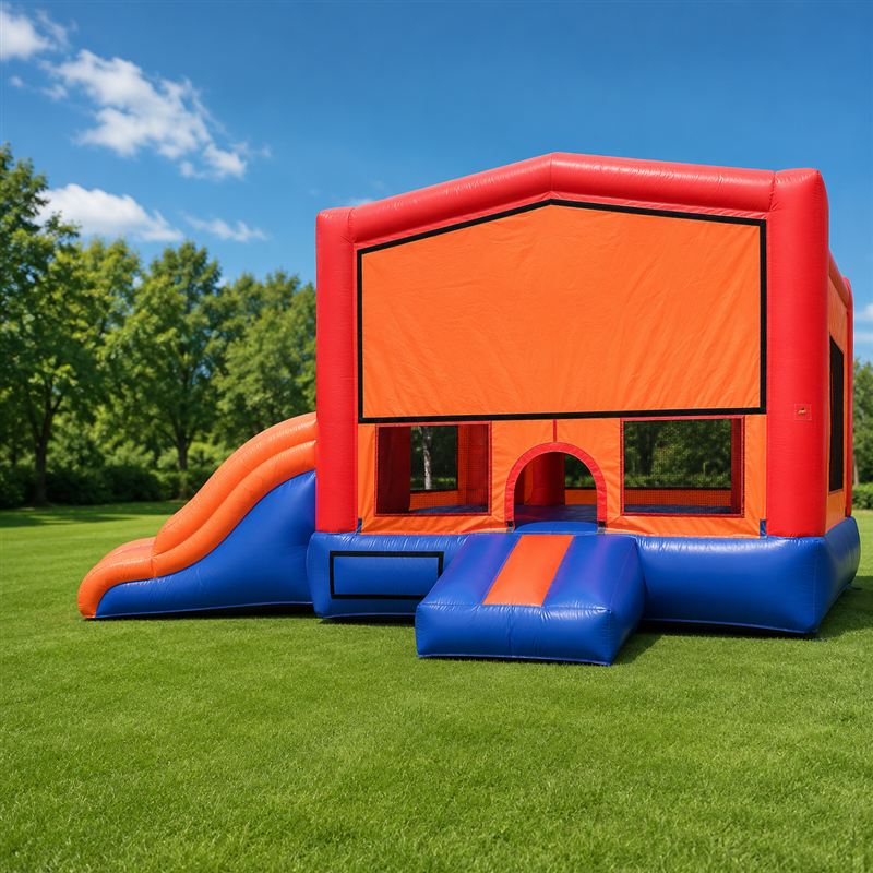 Combo bounce house with a climb wall and built-in slide