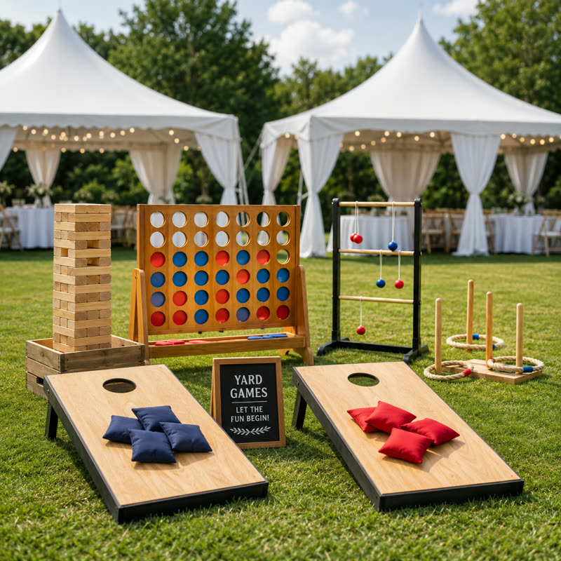 Yard games set on grass: cornhole boards, giant connect four, giant jenga, ladder toss and ring toss