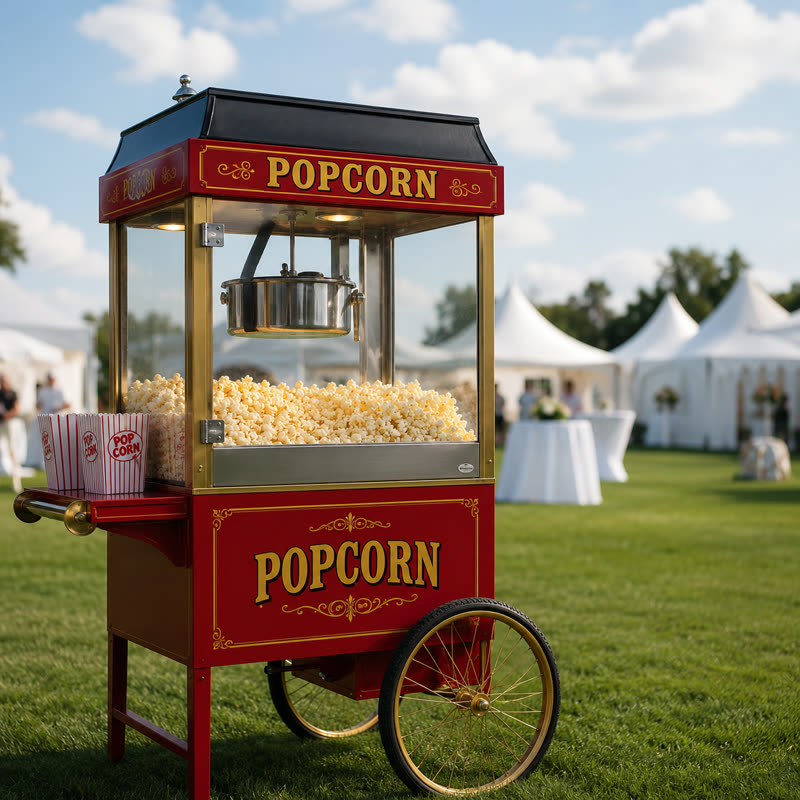 Vintage-style red popcorn cart on wheels full of fresh popcorn