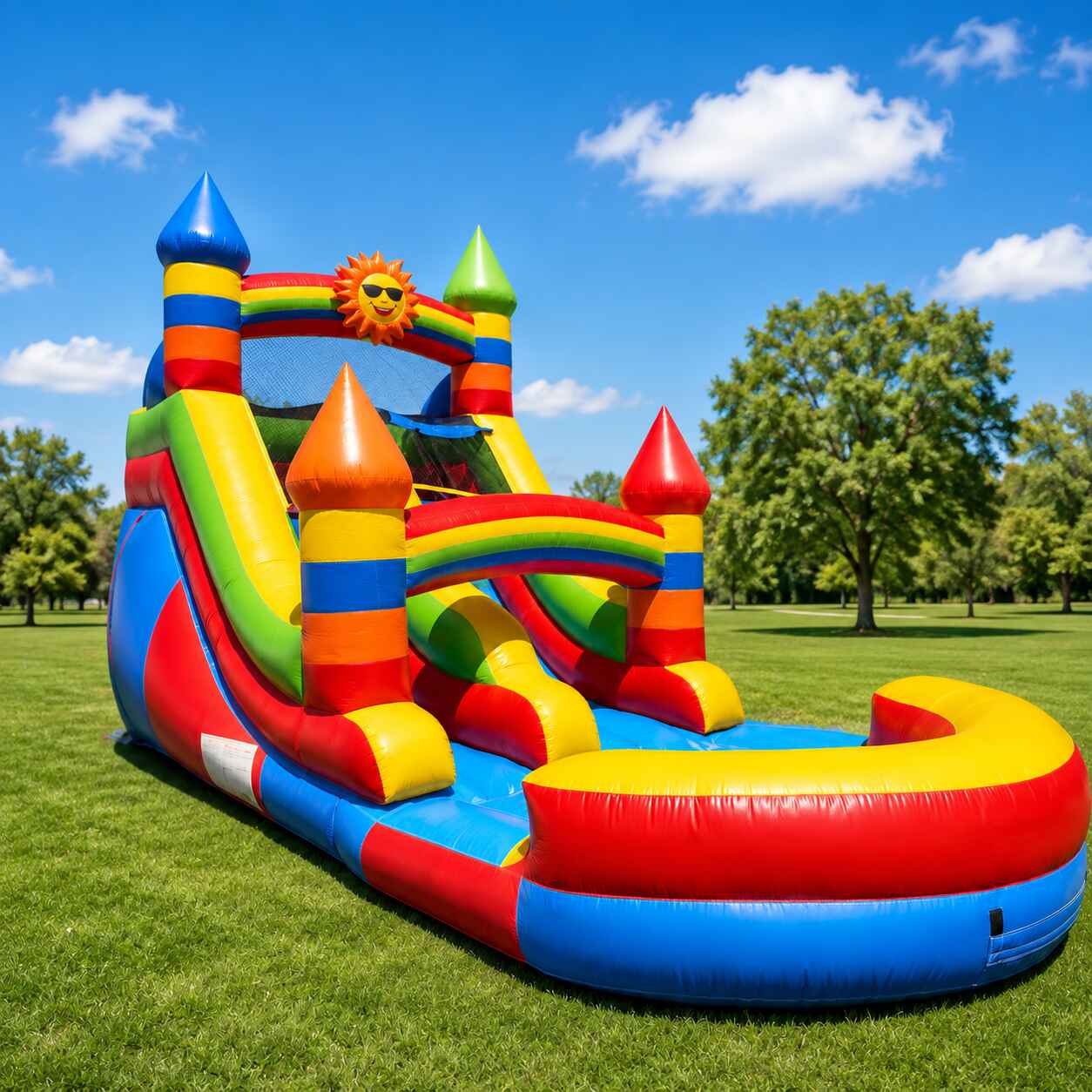 Rainbow-colored inflatable water slide with a smiling cartoon sun and a splash pool at the bottom, on green grass