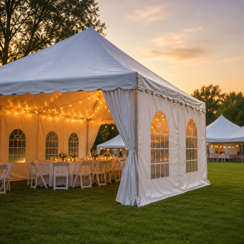 White frame tent with window sidewalls and warm string lighting at dusk