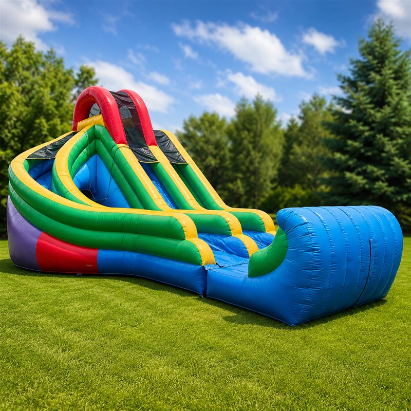 Tall inflatable slide with a climbing lane and shaded top deck