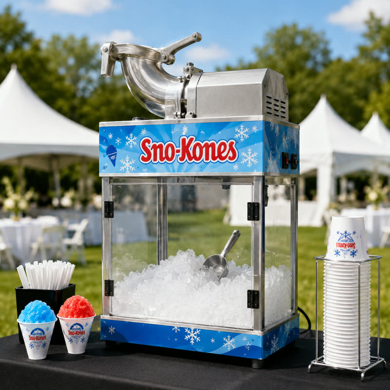 Sno-Kone shaved ice machine with cups, straws and red and blue snow cones at an outdoor party