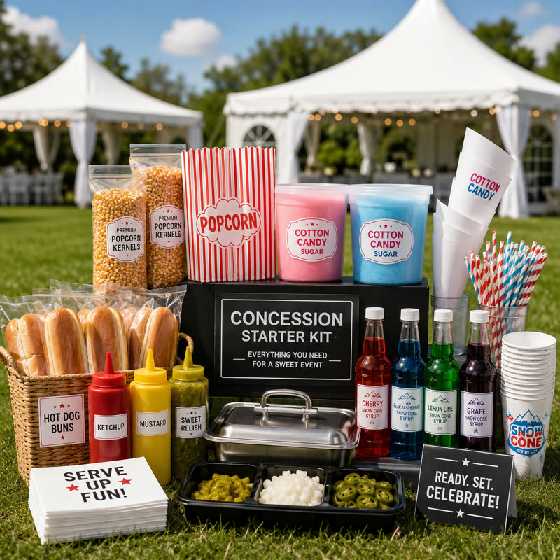 Concession starter kit: popcorn kernels and bags, cotton candy sugar and cones, snow cone syrups and cups, hot dog buns and condiments