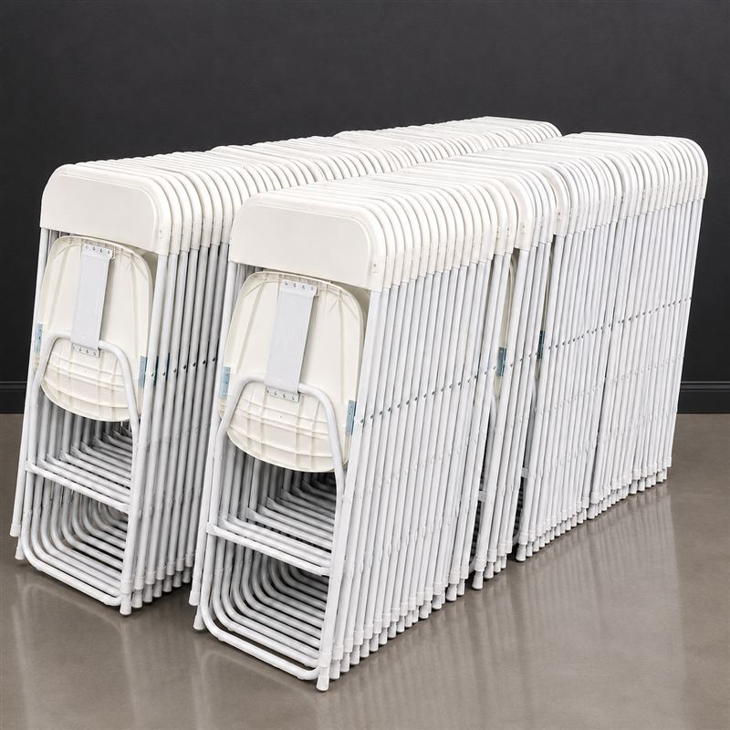 Rows of clean white resin folding chairs ready for guests